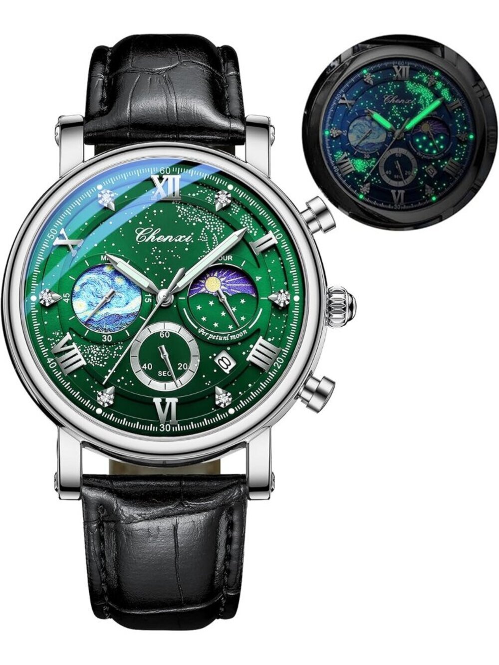 Men's Silver Green Leather Multifunctional Military Analog Chronograph Watch